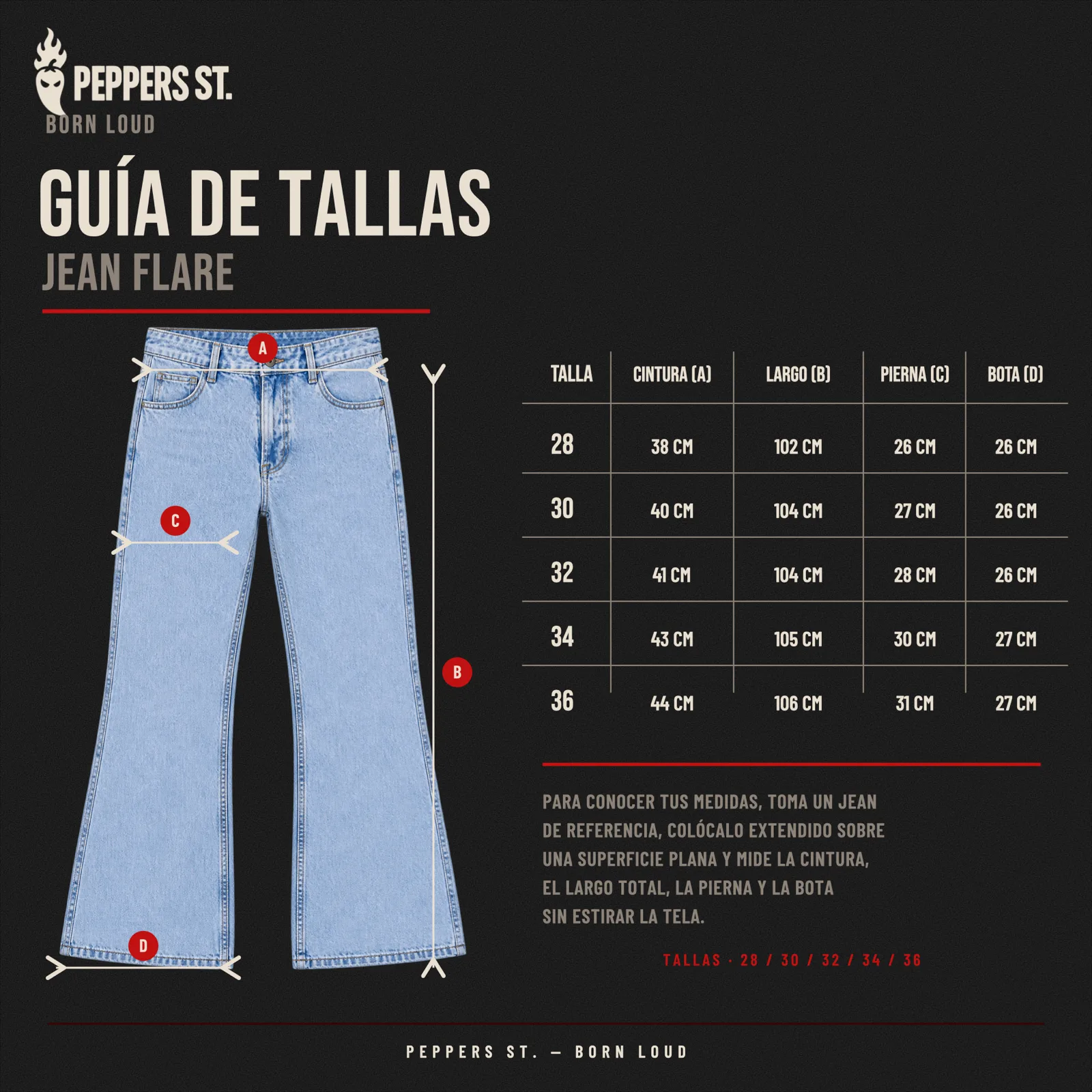 Guía de tallas Jean Flare — medidas en centímetros