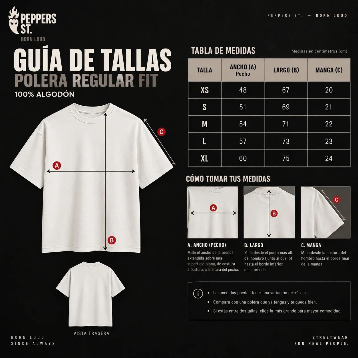 Guía de tallas Polera Regular Fit — medidas en centímetros